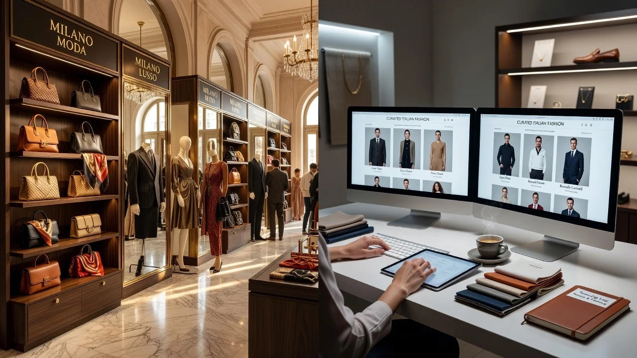 Professional header image for comparison analysis: Luxury Department Stores vs. Curated Online Specialists f...